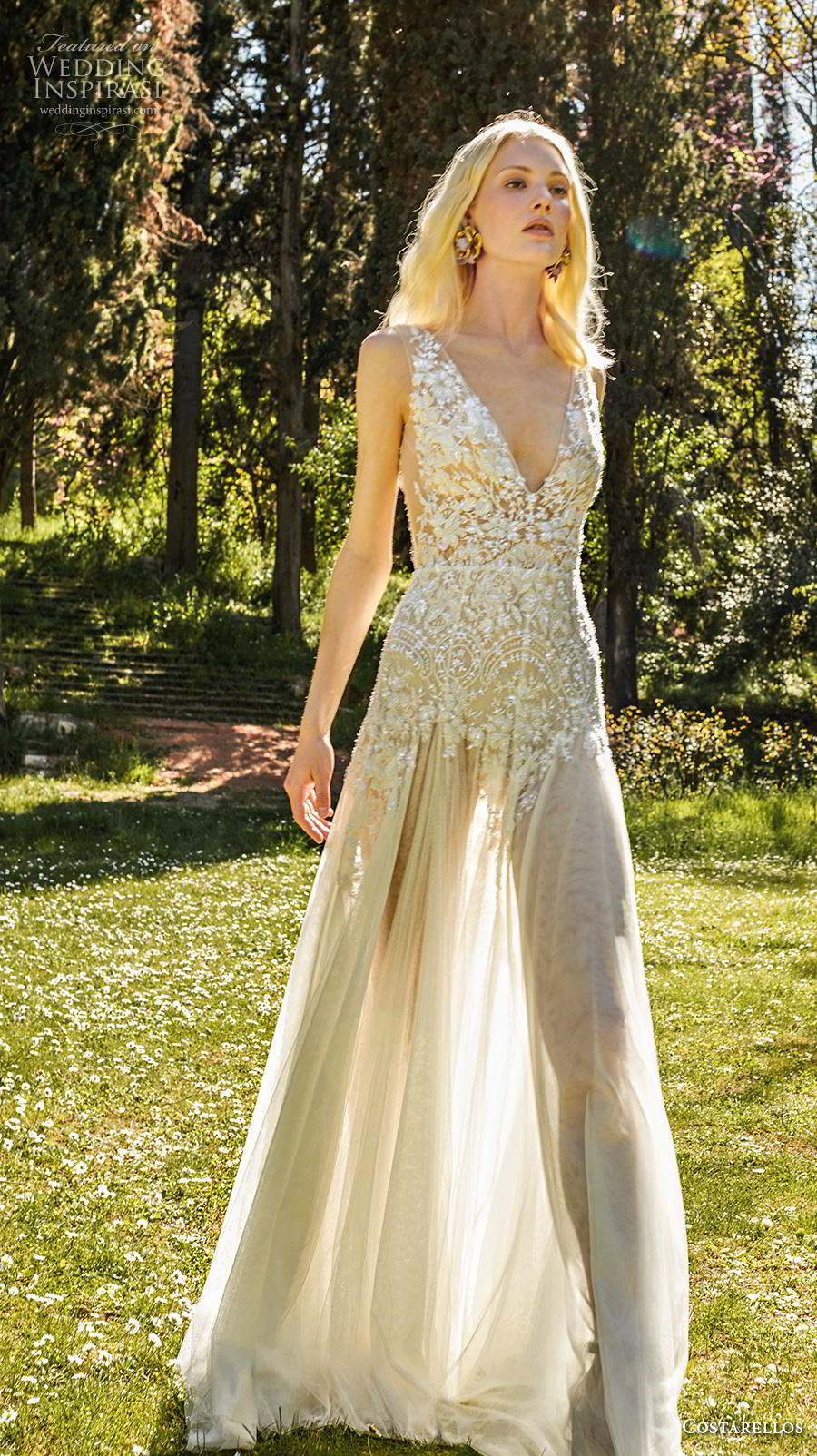costarellos spring 2019 bridal sleeveless with strap v neck heavily embellished bodice romantic a  line wedding dress sweep train (17) mv