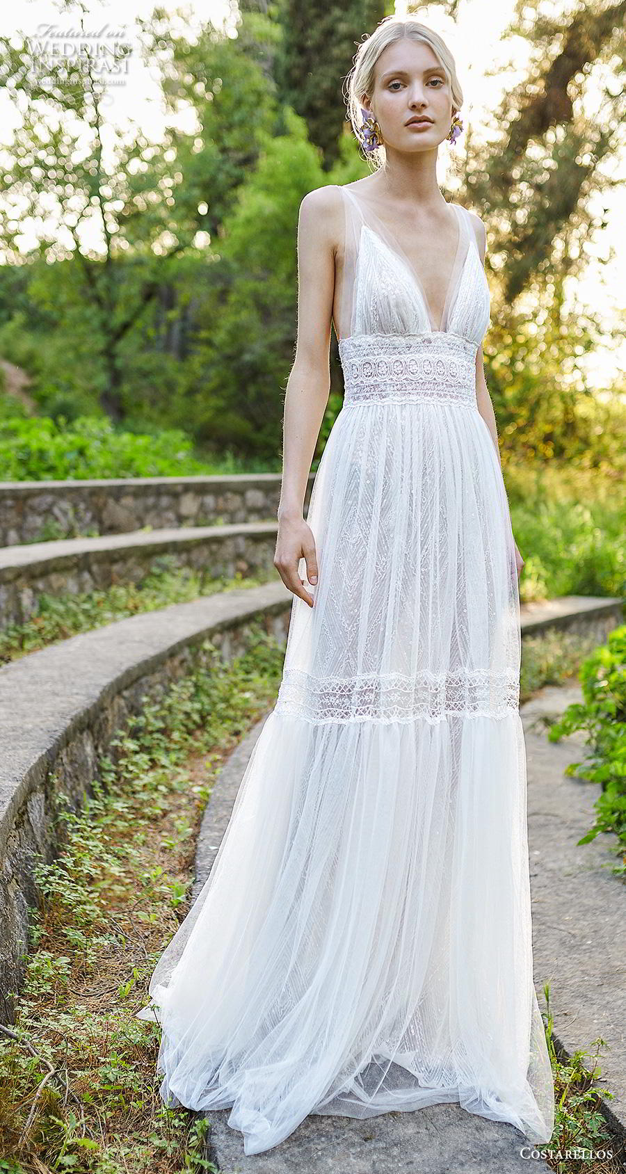 costarellos spring 2019 bridal sleevess deep v neck light embellishment romantic bohemian soft a  line wedding dress sweep train (15) mv