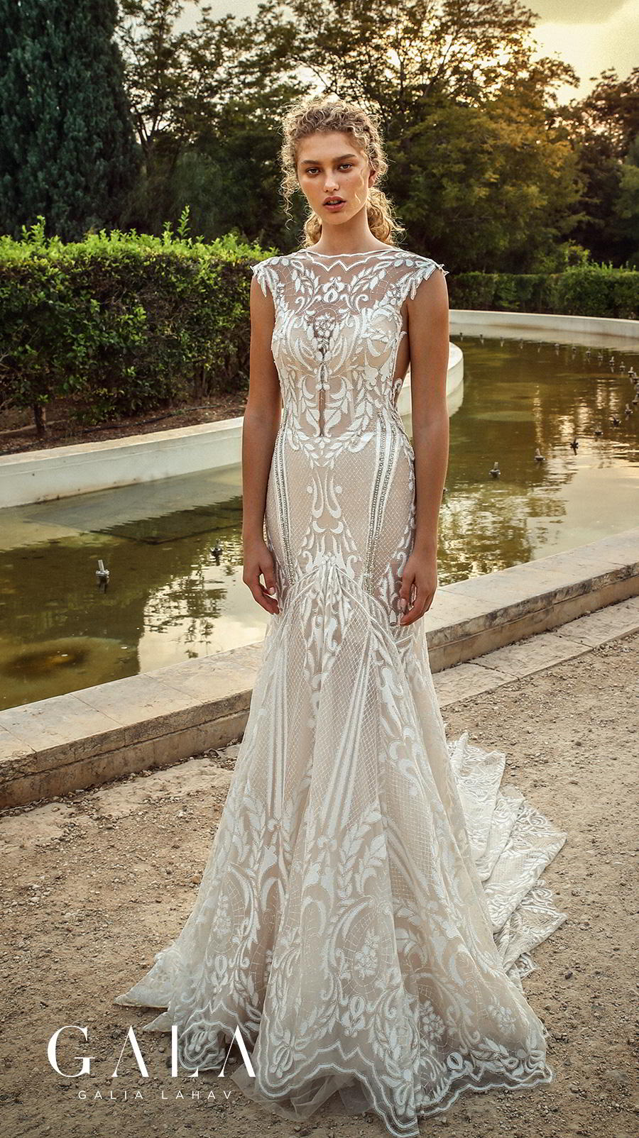 galia lahav gala fall 2019 bridal cap sleeves illusion bateau v neck full embellishment glamorous elegant fit and flare mermaid wedding dress chapel train (202) mv