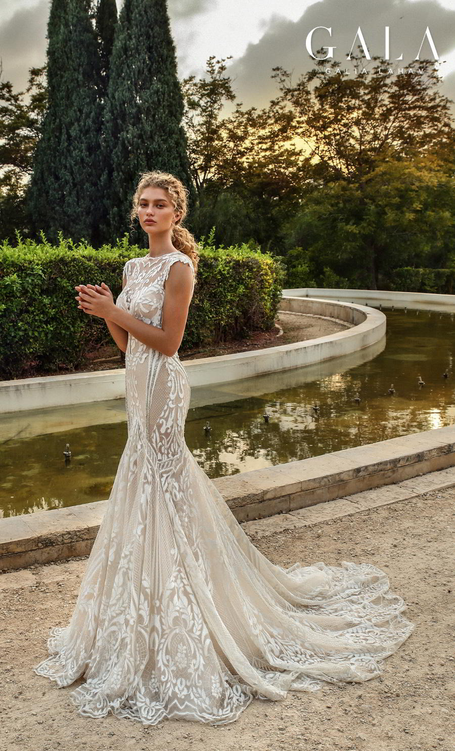 galia lahav gala fall 2019 bridal cap sleeves illusion bateau v neck full embellishment glamorous elegant fit and flare mermaid wedding dress chapel train (202) sdv