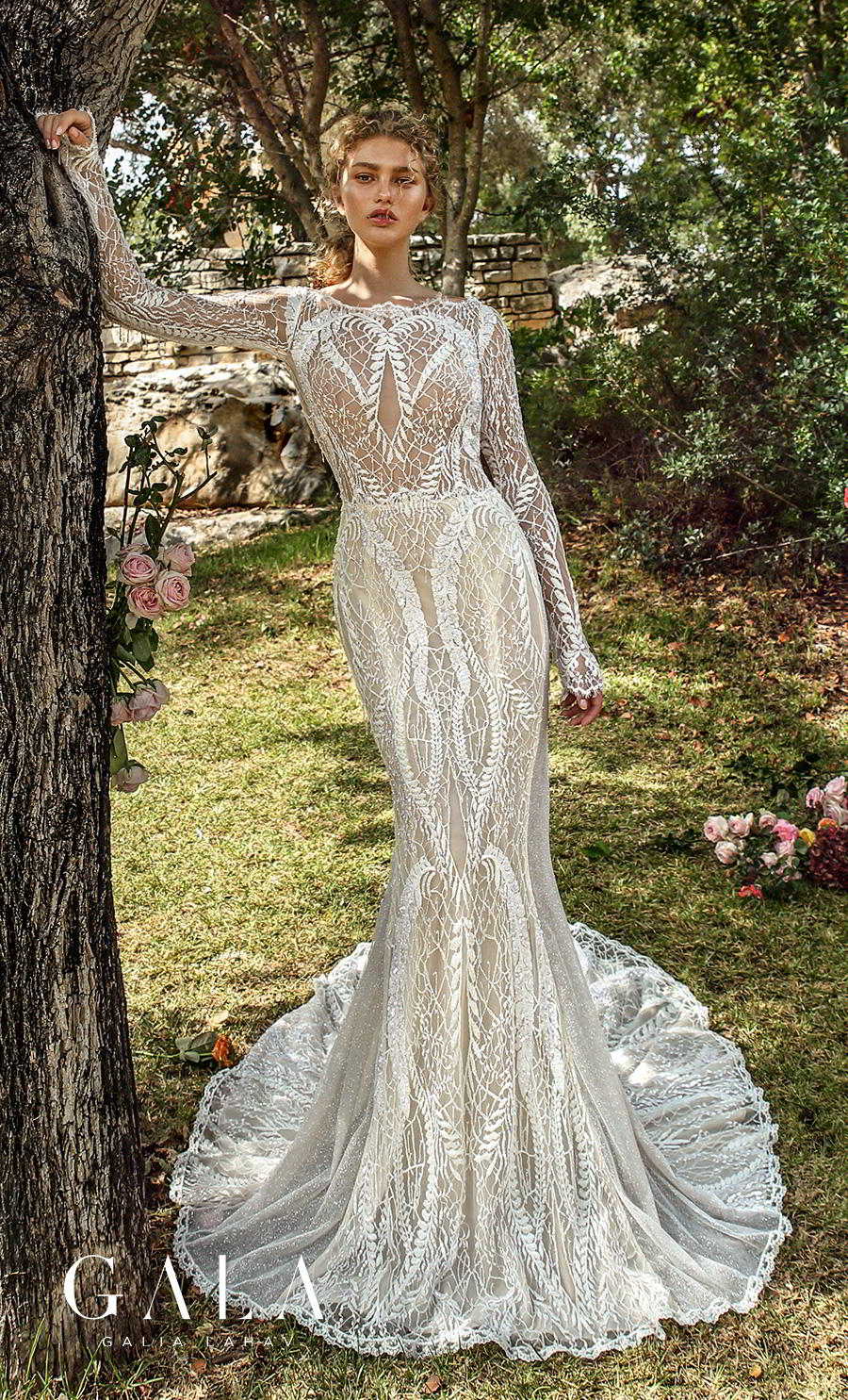 galia lahav gala fall 2019 bridal long sleeves bateau neckline full embellishment elegant lace fit and flare wedding dress low keyhole back chapel train (209) mv