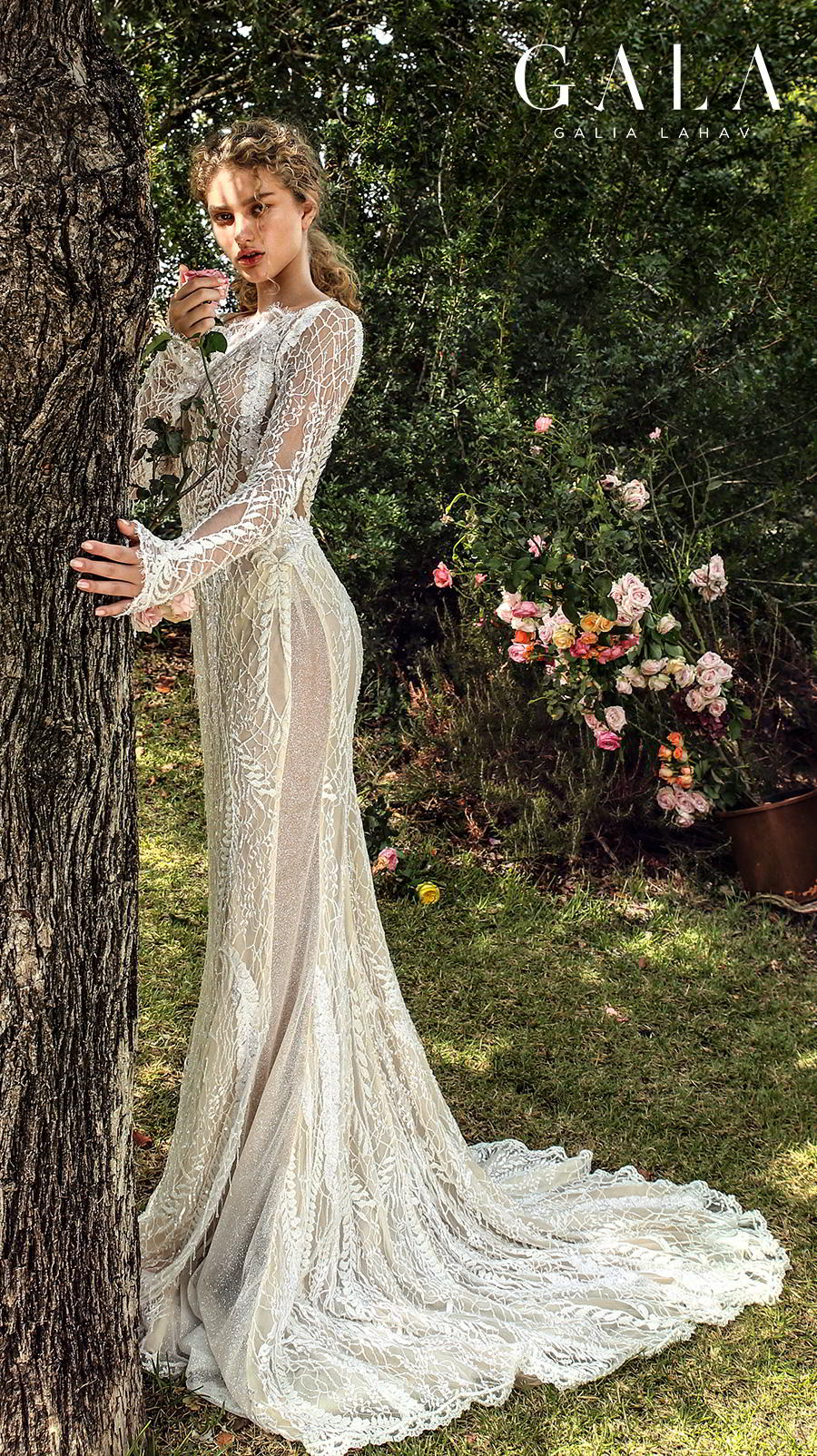 galia lahav gala fall 2019 bridal long sleeves bateau neckline full embellishment elegant lace fit and flare wedding dress low keyhole back chapel train (209) sdv