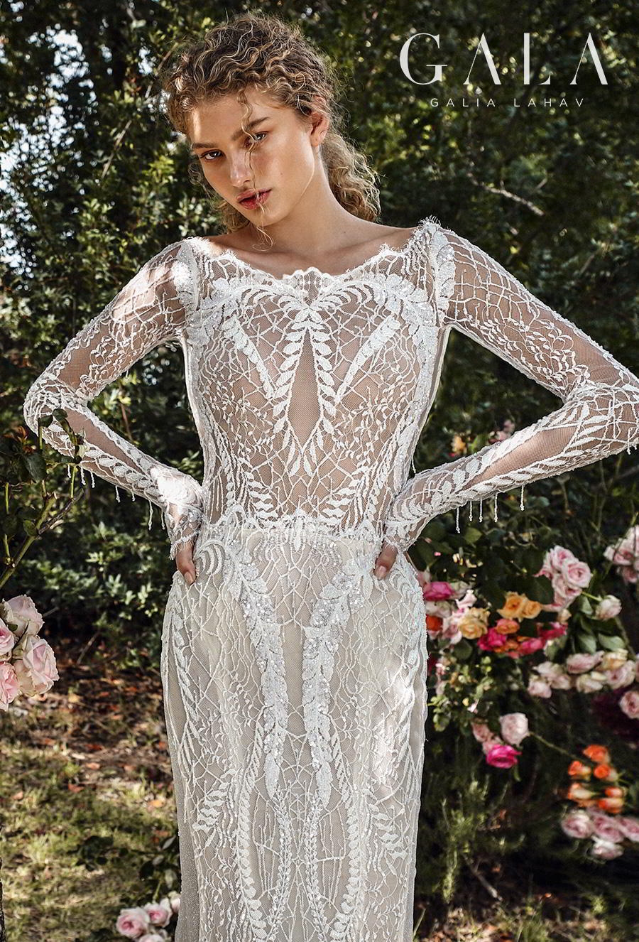 galia lahav gala fall 2019 bridal long sleeves bateau neckline full embellishment elegant lace fit and flare wedding dress low keyhole back chapel train (209) zv