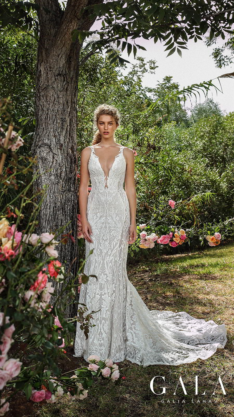 galia lahav gala fall 2019 bridal sleeveless withs trap deep v neck full embellishment elegant lace beautiful sheath wedding dress backless low back chapel train (207) mv