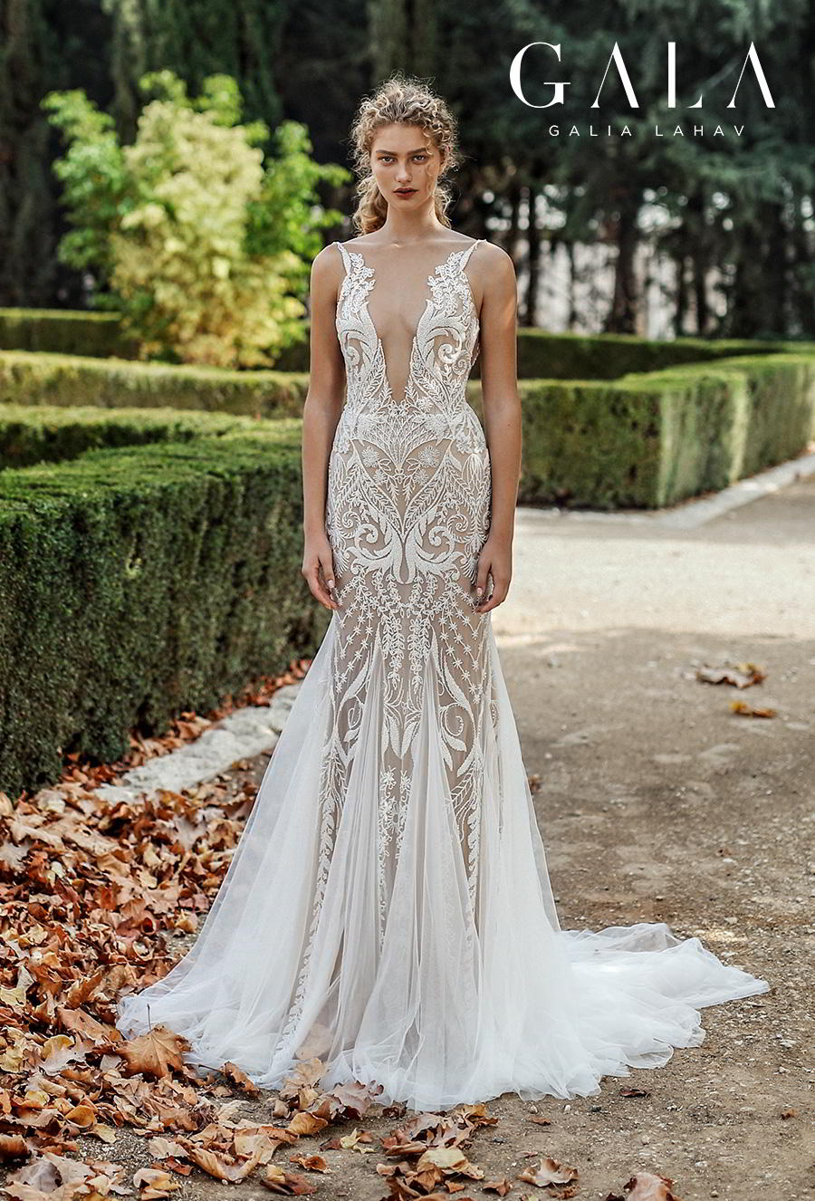 galia lahav gala fall 2019 bridal spaghetti strap deep plunging v neck full embellishment elegant glamorous lace fit and flare mermaid wedding dress backless scoop back medium train (212) mv