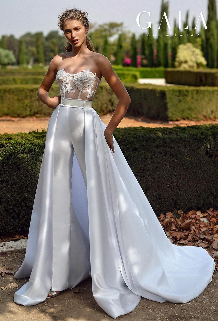 galia lahav gala fall 2019 bridal strapless semi sweetheart neckline heavily embellished bodice bustier modern chic pants a  line wedding dress overskirt chapel train (211) mv