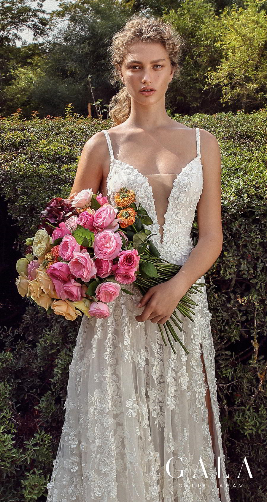 galia lahav gala fall 2019 bridal thin spaghetti strap deep plunging sweetheart neckline full embellishment slit skirt romantic a  line wedding dress backless scoop back chapel train (205) lv