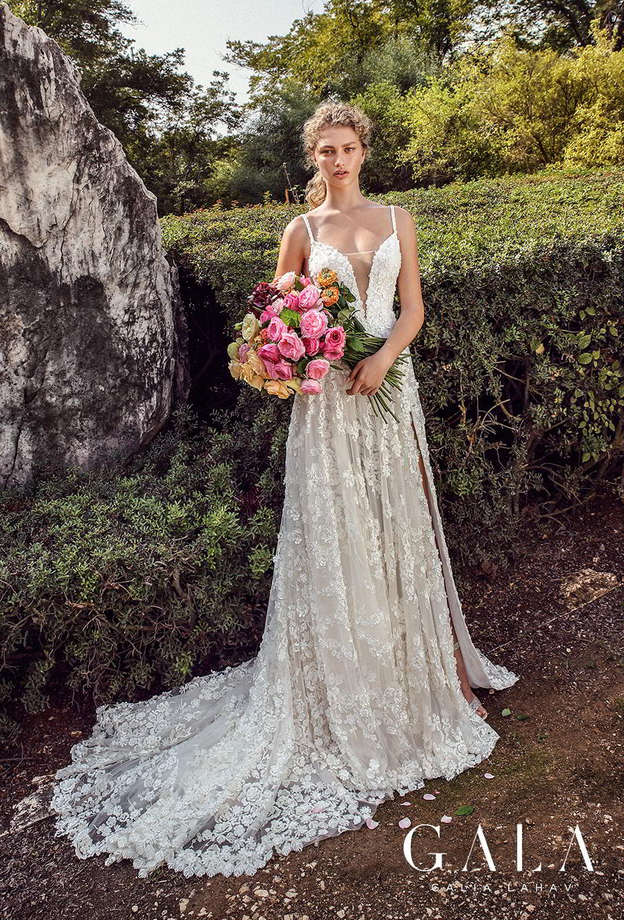 galia lahav gala fall 2019 bridal thin spaghetti strap deep plunging sweetheart neckline full embellishment slit skirt romantic a  line wedding dress backless scoop back chapel train (205) mv