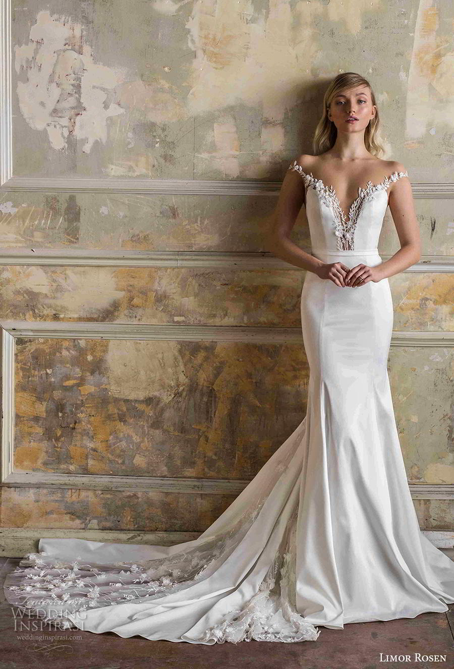 limor rosen 2019 bridal off the shoulder deep v neck simple elegant fit and flare wedding dress backless chapel train (6) mv