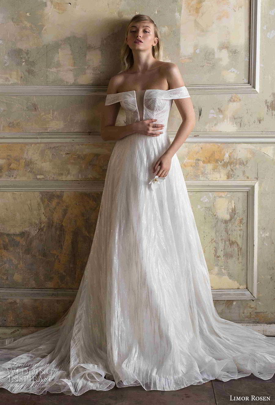 limor rosen 2019 bridal off the shoulder straight across neckline light embellishment elegant a  line wedding dress mid back chapel train (4) mv