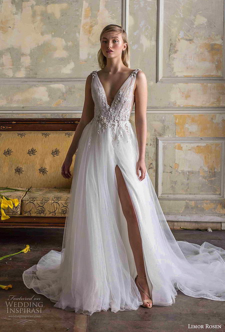 limor rosen 2019 bridal sleeveless deep v neck heavily embellished bodice slit skirt romantic grecian a  line wedding dress backless v back chapel train (3) mv