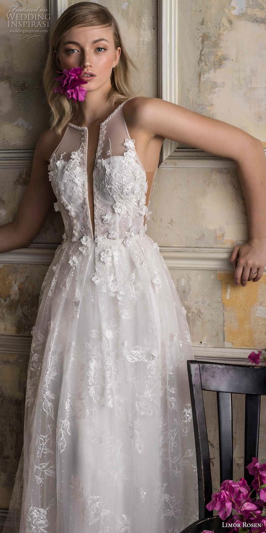 limor rosen 2019 bridal sleeveless halter neck heavily embellished bodice romantic modified a  line wedding dress backless low scoop back chapel train (9) lv