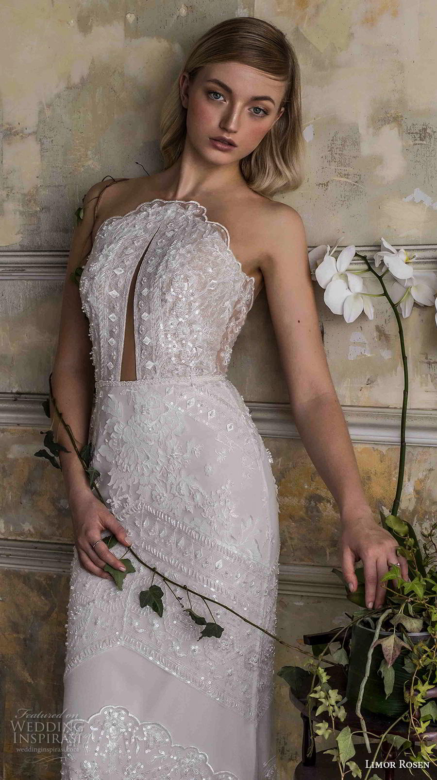 limor rosen 2019 bridal sleeveless illusion jewel halter neck full embellishment elegant sheath wedding dress backless medium train (10) zv