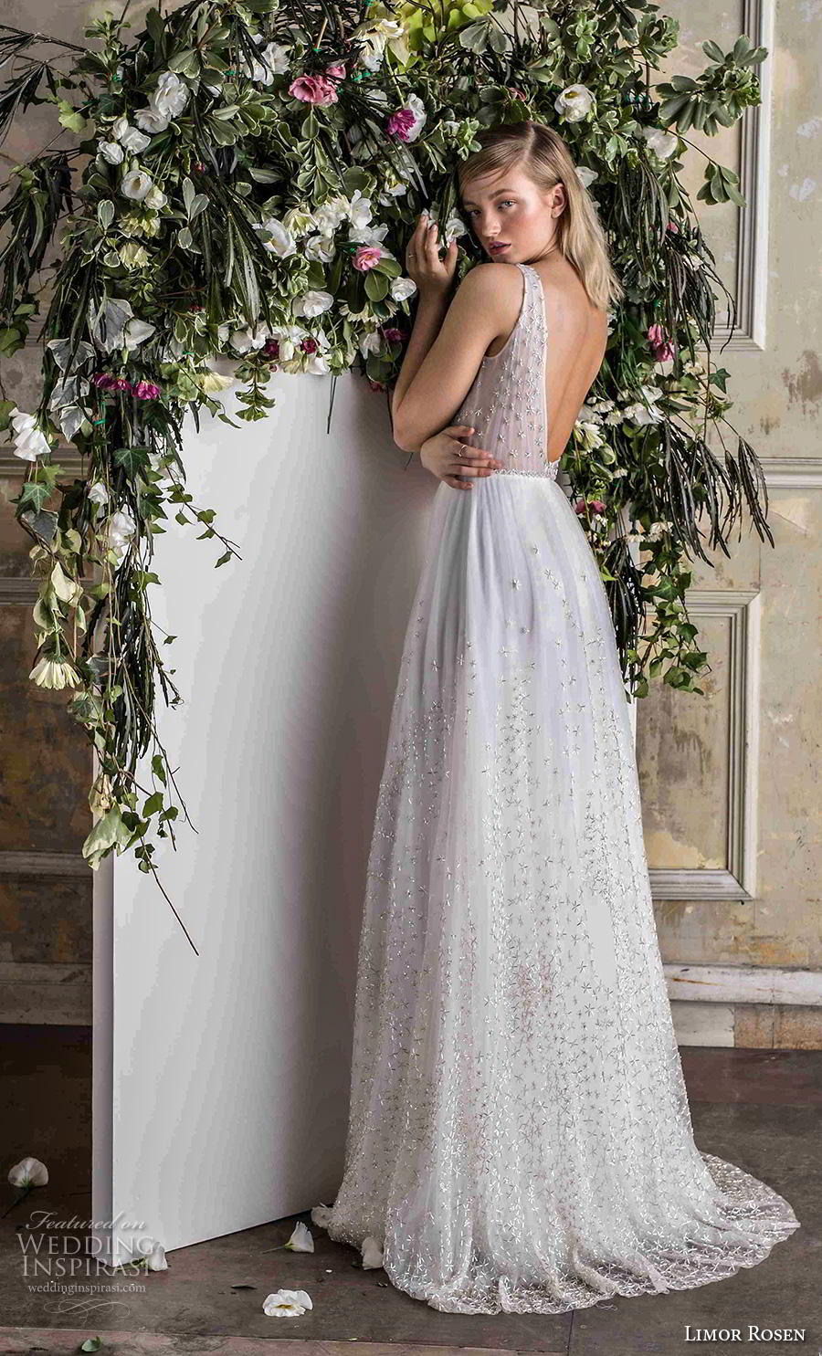 limor rosen 2019 bridal sleeveless one shoulder heavily embellished bodice slit skirt glitzy romantic glamorous soft a  line wedding dress backless v back sweep train (5) bv