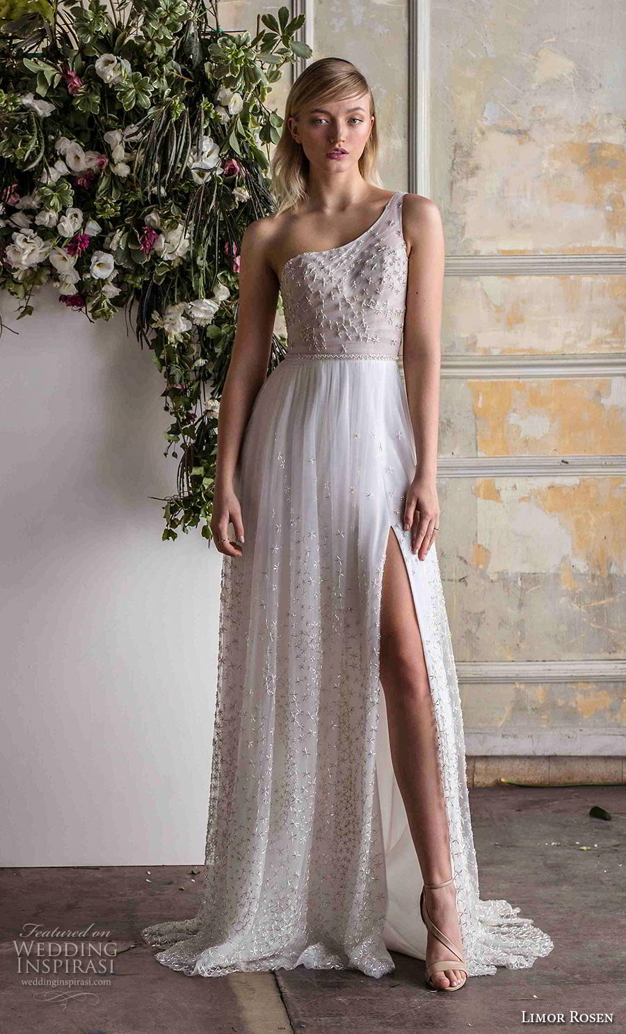 limor rosen 2019 bridal sleeveless one shoulder heavily embellished bodice slit skirt glitzy romantic glamorous soft a  line wedding dress backless v back sweep train (5) mv