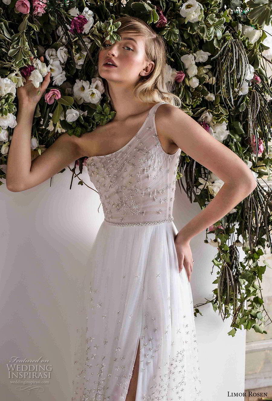 limor rosen 2019 bridal sleeveless one shoulder heavily embellished bodice slit skirt glitzy romantic glamorous soft a  line wedding dress backless v back sweep train (5) zv