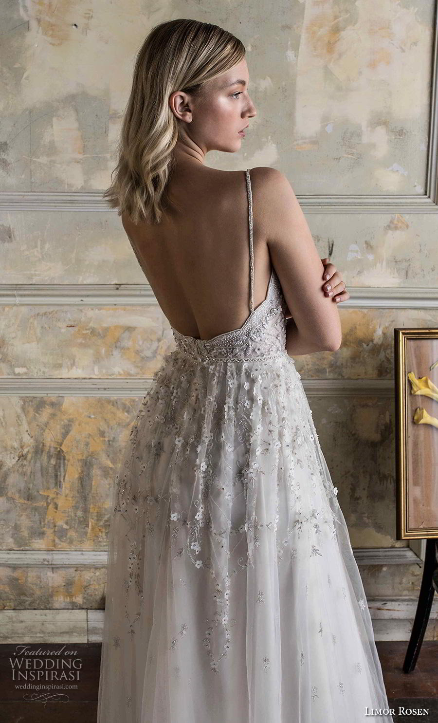 limor rosen 2019 bridal thin strap deep plunging sweetheart neckline heavily embellished bodice romantic a  line wedding dress backless sweep train (1) bv