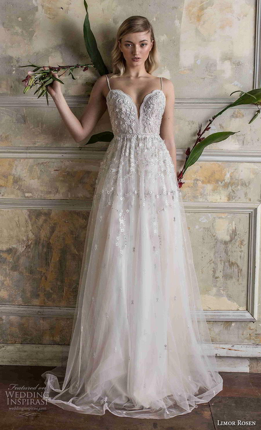 limor rosen 2019 bridal thin strap deep plunging sweetheart neckline heavily embellished bodice romantic a  line wedding dress backless sweep train (1) mv