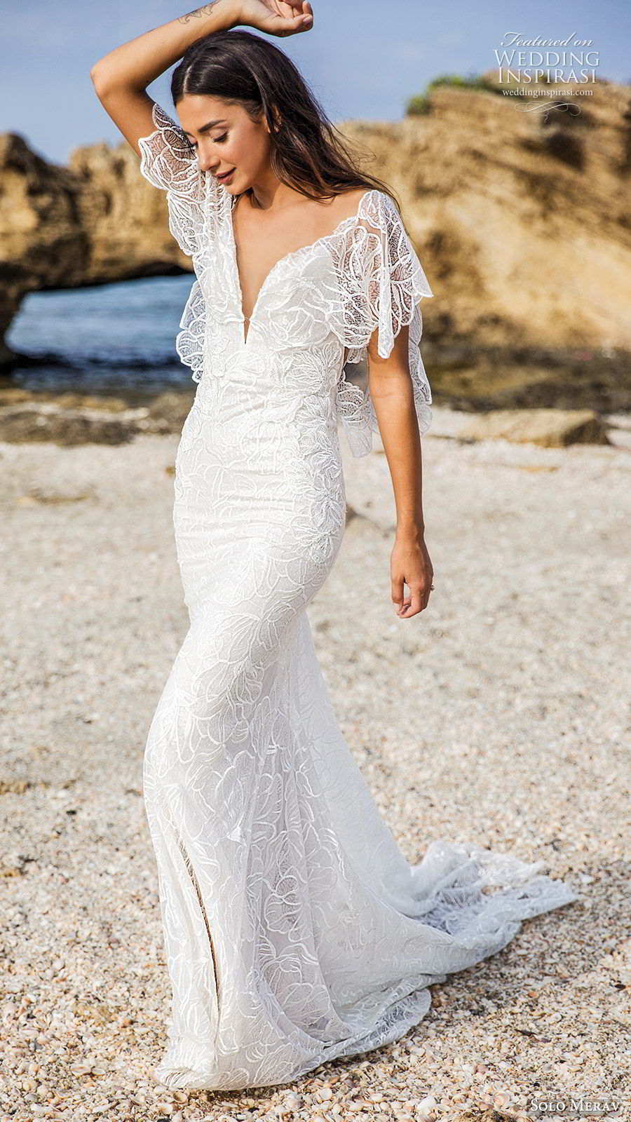 solo merav 2019 bridal flutter sleeves plunging v neckline sheath embellished lace wedding dress (2) mv sweep train bohemian romantic
