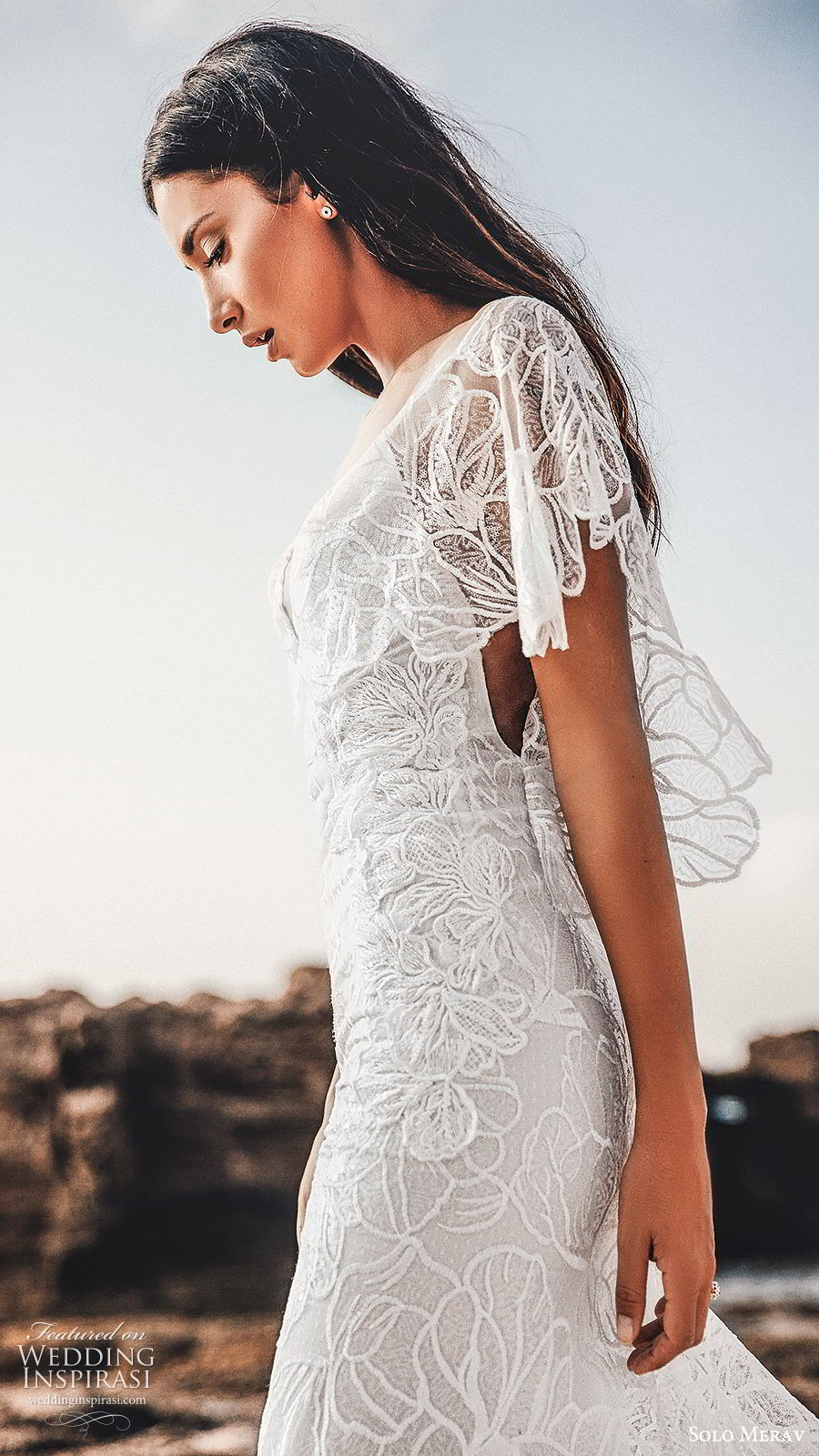 solo merav 2019 bridal flutter sleeves plunging v neckline sheath embellished lace wedding dress (2) zsv sweep train bohemian romantic