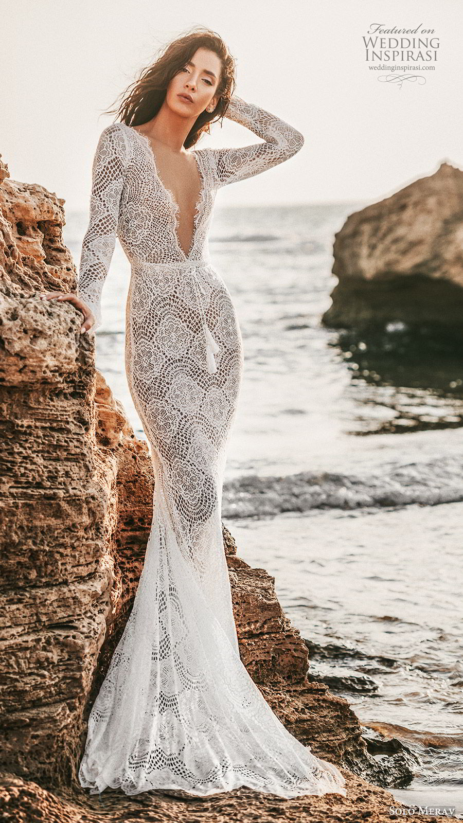 solo merav 2019 bridal long sleeves plunging v neckline sheath lace mermaid wedding dress (1) mv  sweep  train elegant boho romantic