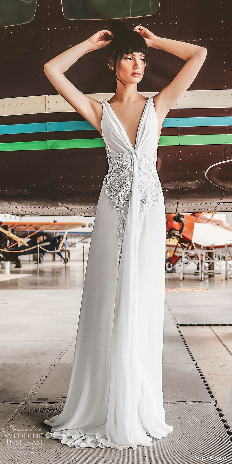 solo merav 2019 bridal sleeveless deep v neckline draped bodice embellished waist column a line wedding dress (3) mv  sweep train glam romantic