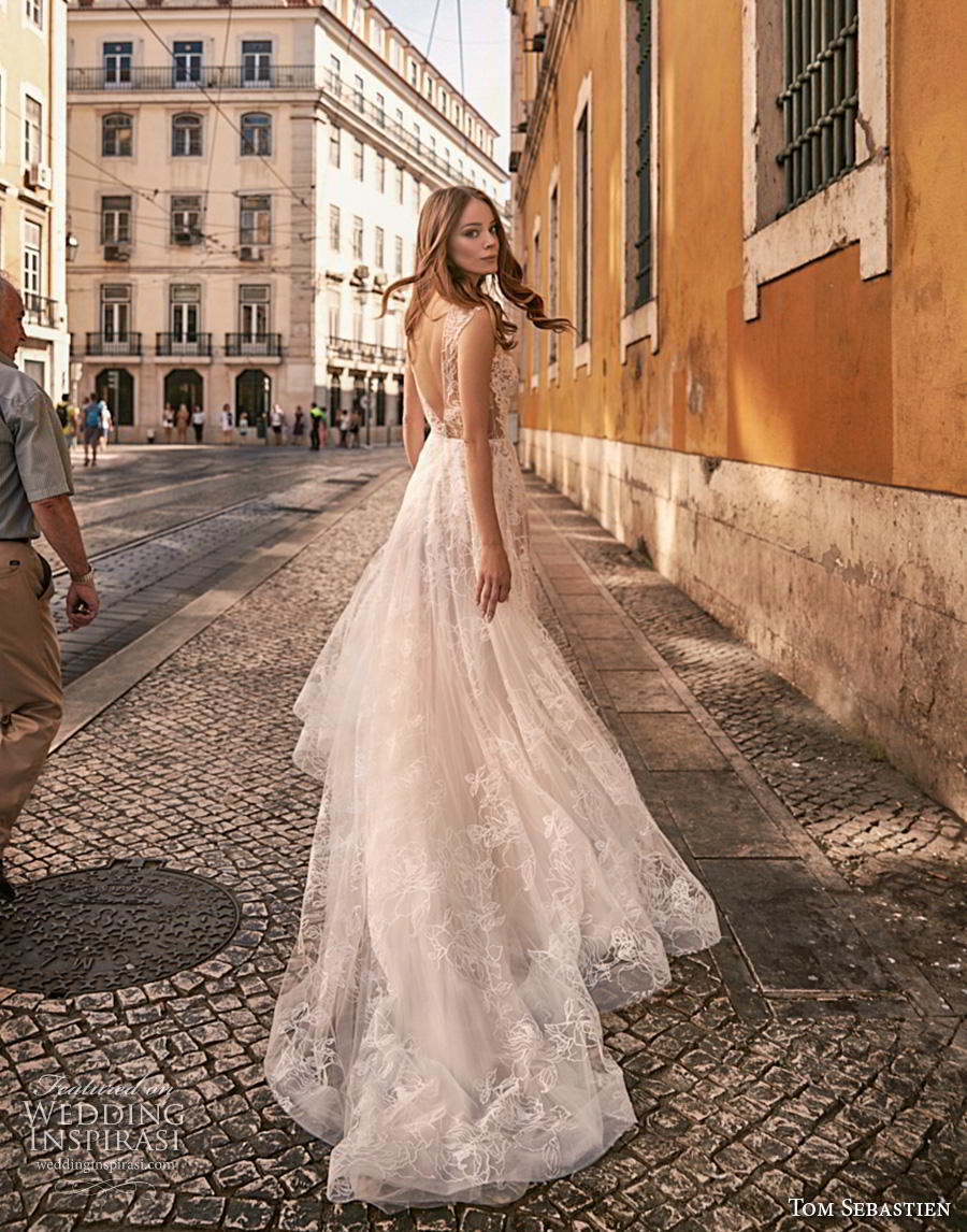 tom sebastian 2019 bridal cap sleeves illusion bateau neck heavily embellished bodice romantic soft a line wedding dress v back chapel train (8) bv tom sebastian 2019 bridal cap sleeves illusion bateau neck heavily embellished bodice romantic soft a line wedding dress v back chapel train (8) bv
