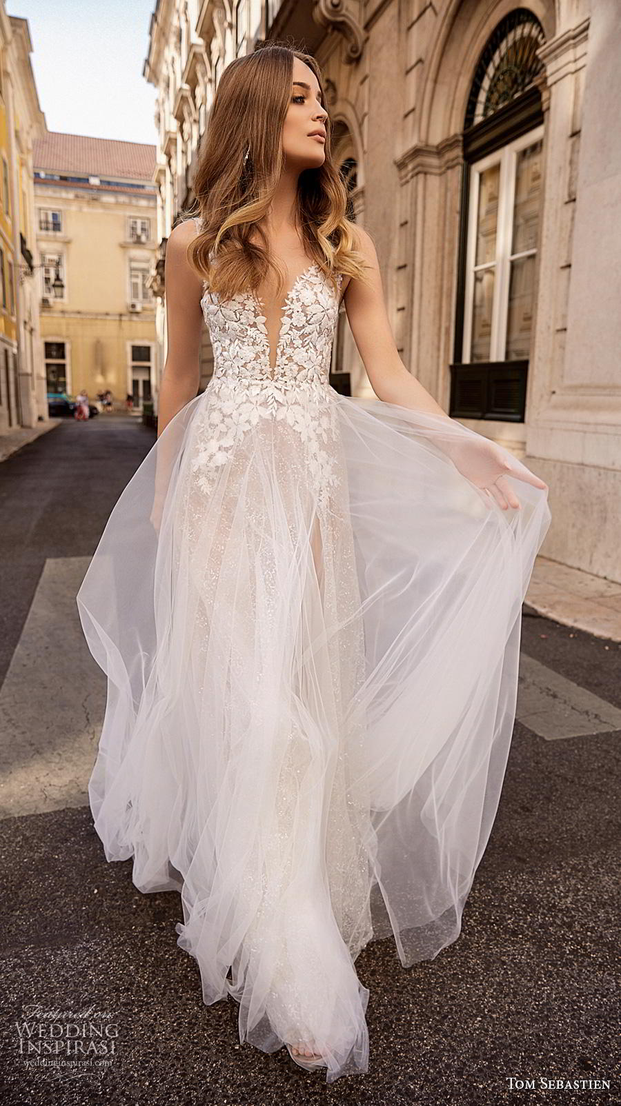 tom sebastian 2019 bridal sleeveless deep plunging v neck heavily embellished bodice tulle skirt romantic a  line wedding dress backless v back sweep train (6) mv