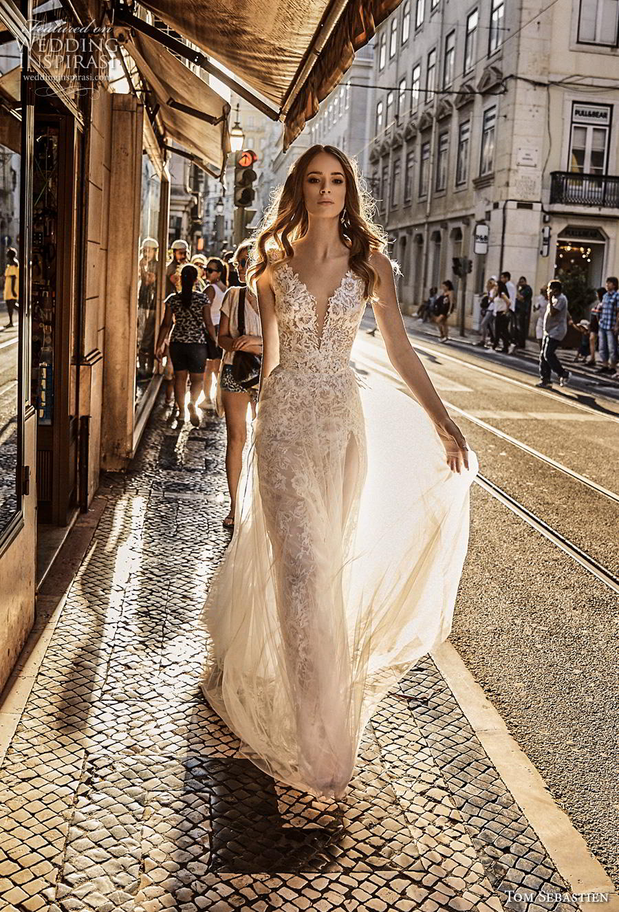 tom sebastian 2019 bridal sleeveless deep v neck full embellisment slit skirt romantic sheath wedding dress a  line overskirt v back chapel train (6) mv