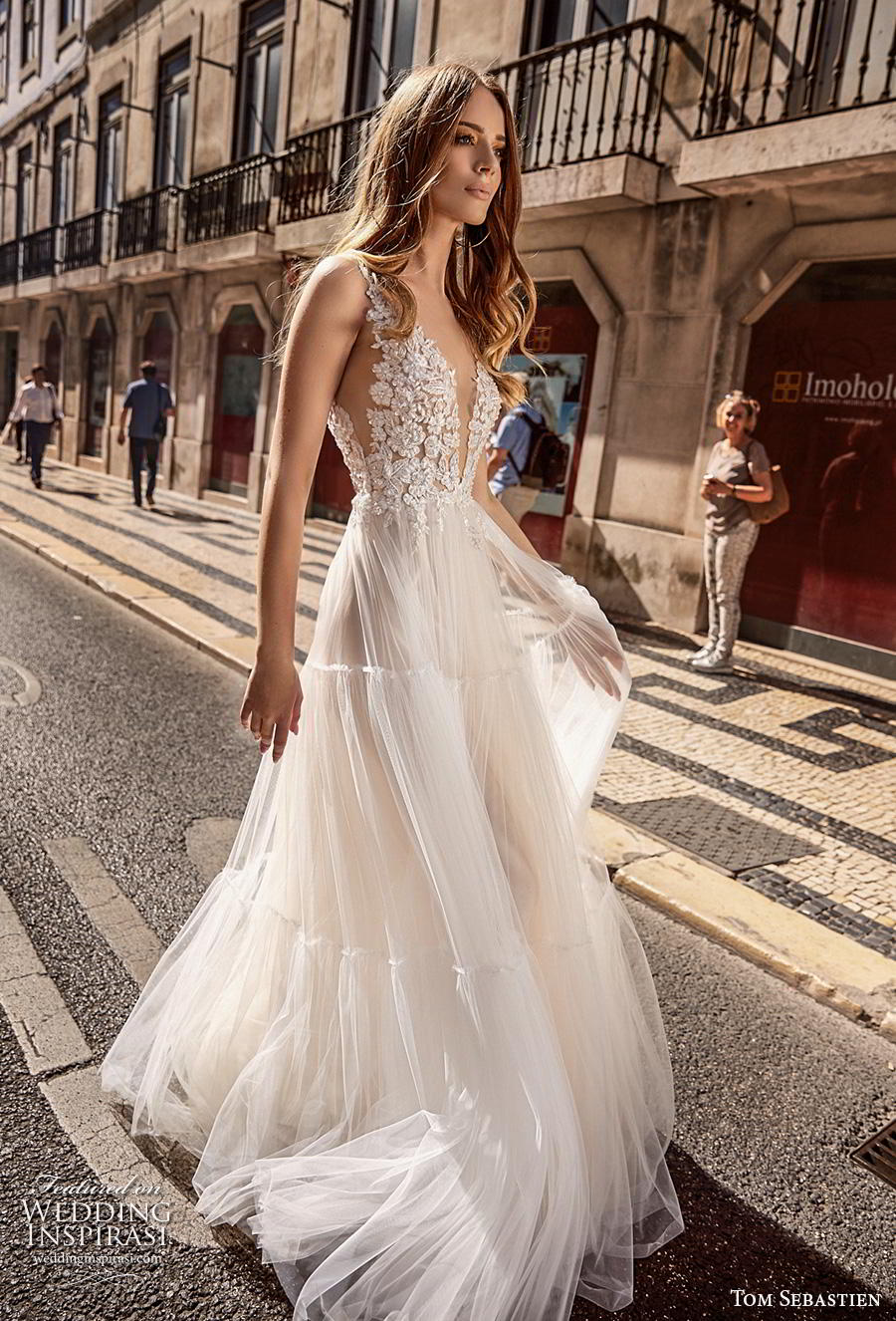 tom sebastian 2019 bridal sleeveless deep v neck heavily embellished bodice romantic a  line wedding dress open v back sweep train (2) mv 