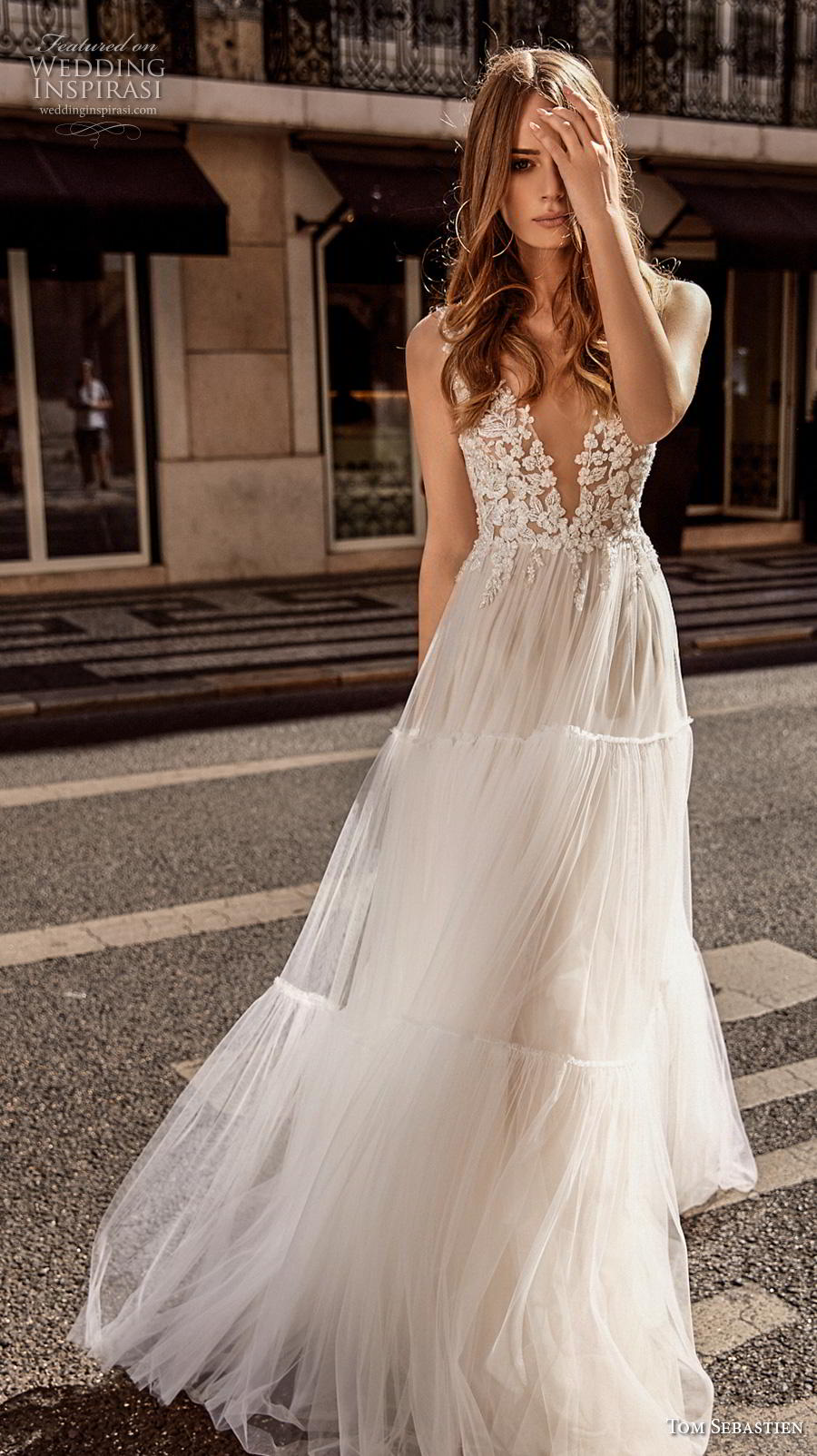 tom sebastian 2019 bridal sleeveless deep v neck heavily embellished bodice romantic a  line wedding dress open v back sweep train (2) mv