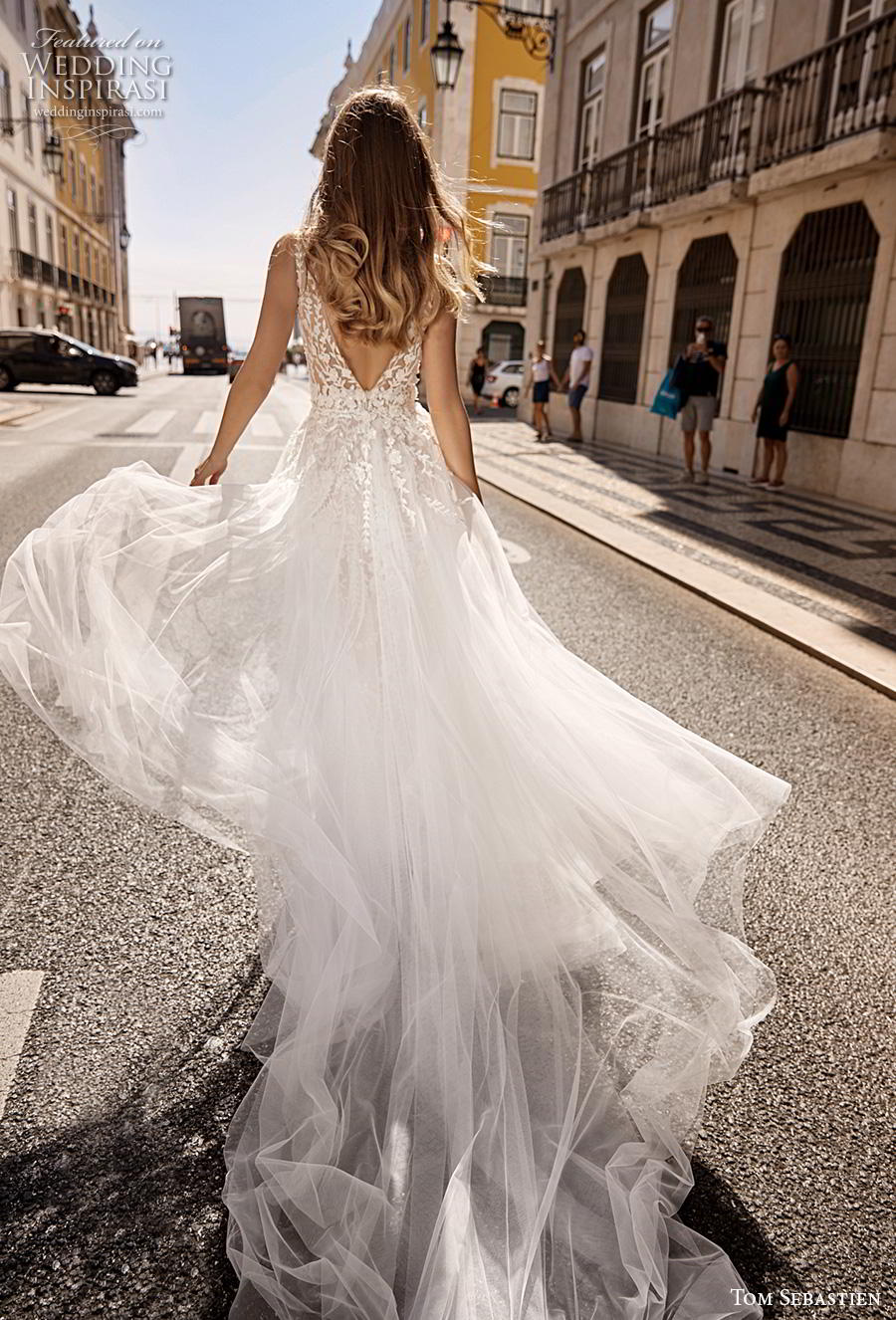 tom sebastian 2019 bridal sleeveless v neck full embellishment slit skirt romantic sheath wedding dress a  line overskirt v back sweep train (4) bv