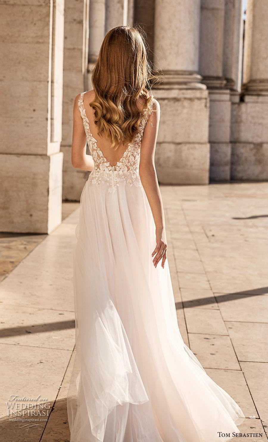 tom sebastian 2019 bridal sleeveless v neck heavily embellished bodice romantic soft a  line wedding dress v back (7) bv