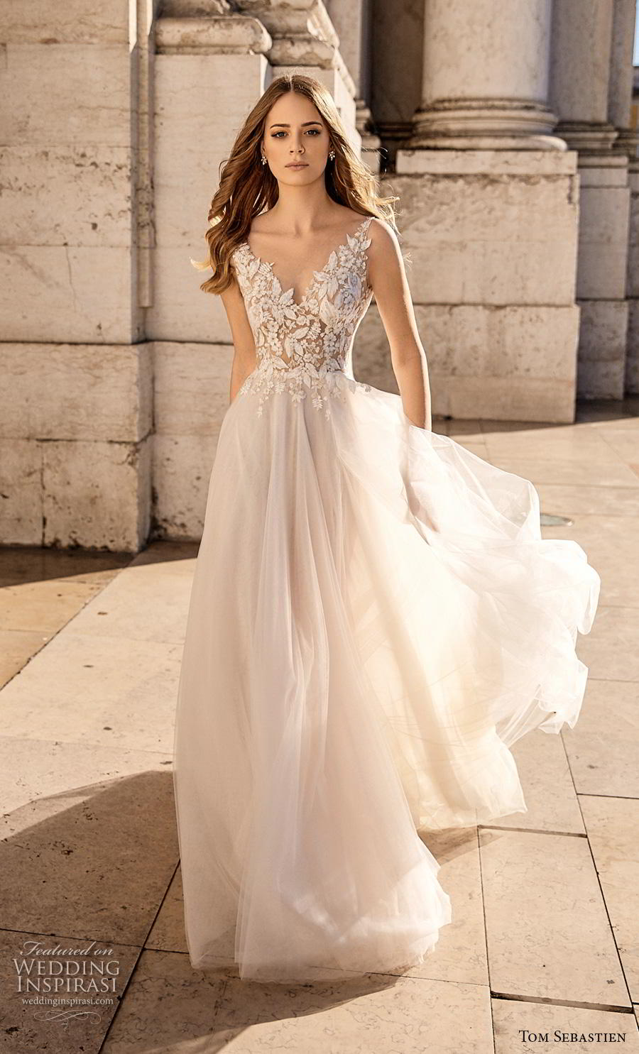 tom sebastian 2019 bridal sleeveless v neck heavily embellished bodice romantic soft a  line wedding dress v back (7) mv