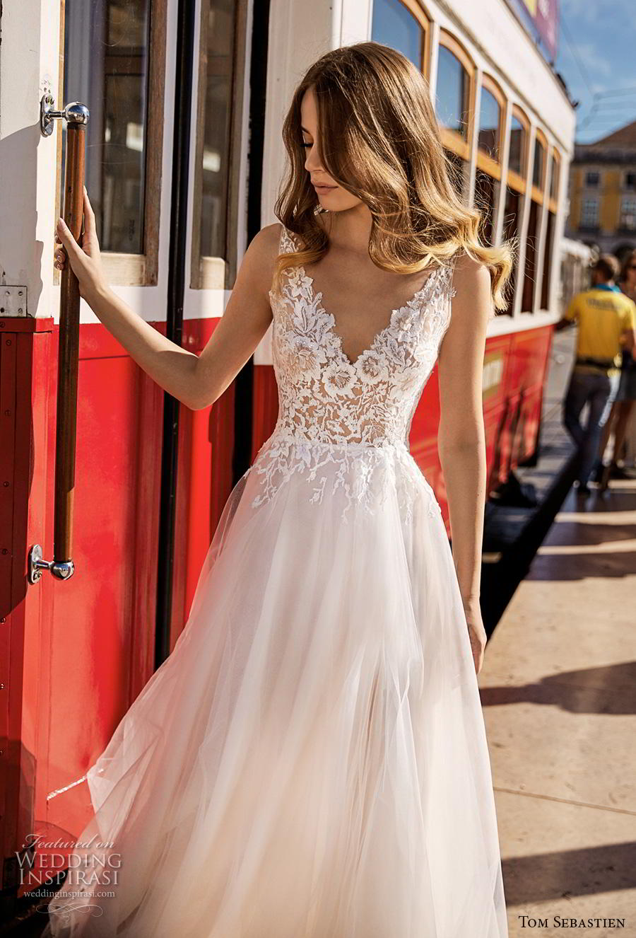 tom sebastian 2019 bridal sleeveless with strap v neck heavily embellished bodice tulle skirt romantic a  line wedding dress v back chapel train (13) zv