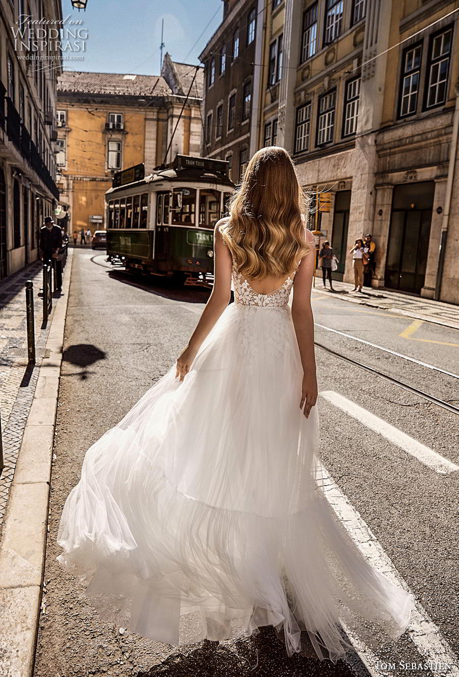 tom sebastian 2019 bridal spaghetti strap diamond neck heavily embellished bodice romantic soft a  line wedding dress scoop back sweep train (9) bv