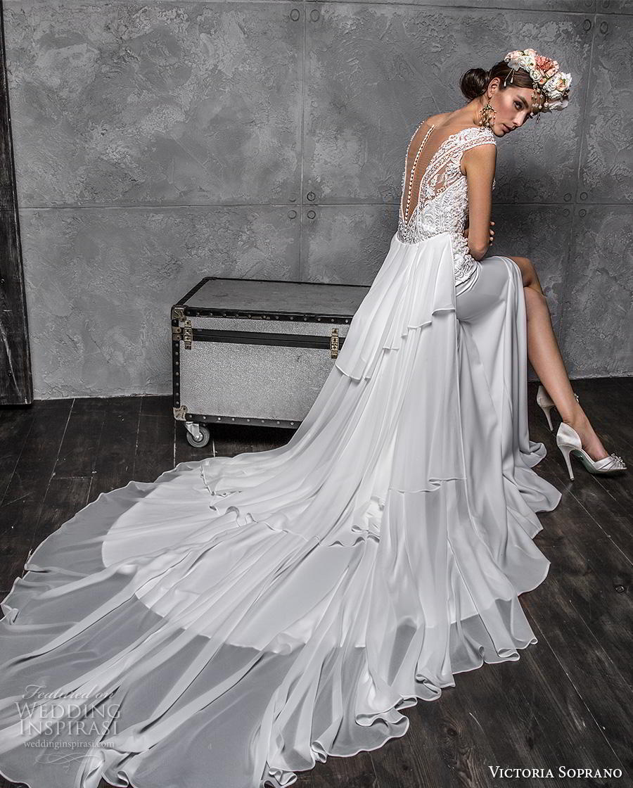 victoria soprano 2020 bridal cap sleeves illusion bateau heavily embellished bodice slit skirt elegant modified a  line wedding dress sheer button back chapel train (2) bv