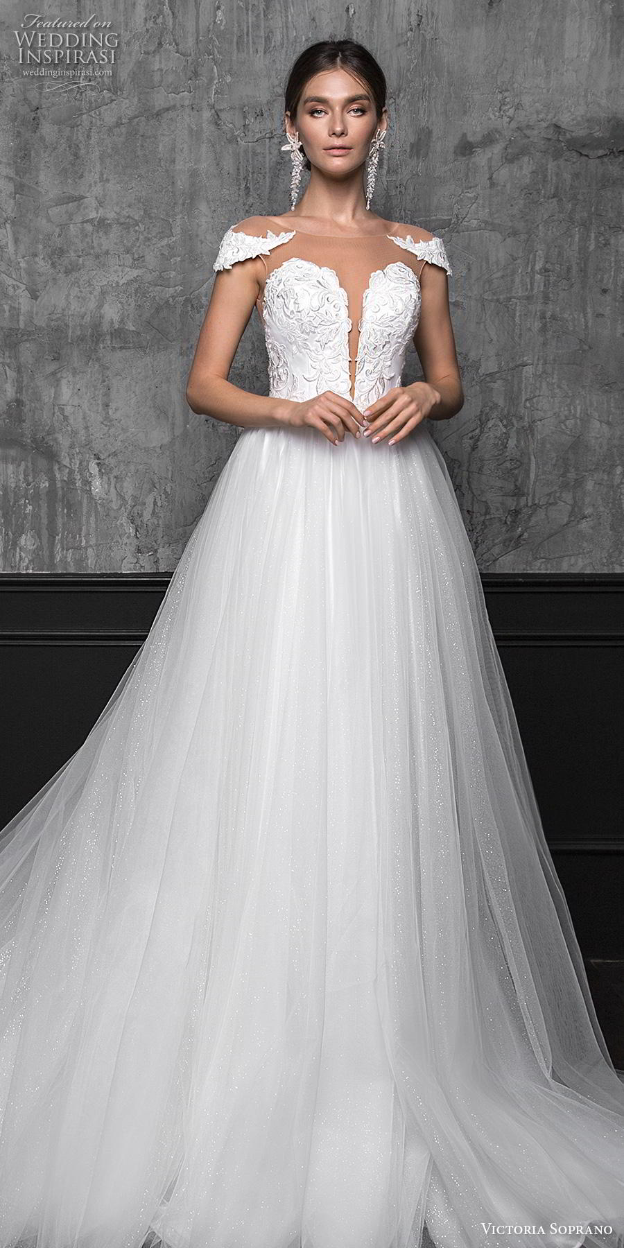 victoria soprano 2020 bridal cap sleeves illusion bateau plunging sweetheart neckline heavily embellished bodice slit skirt romantic a  line wedding dress sheer button back chapel train (14) lv