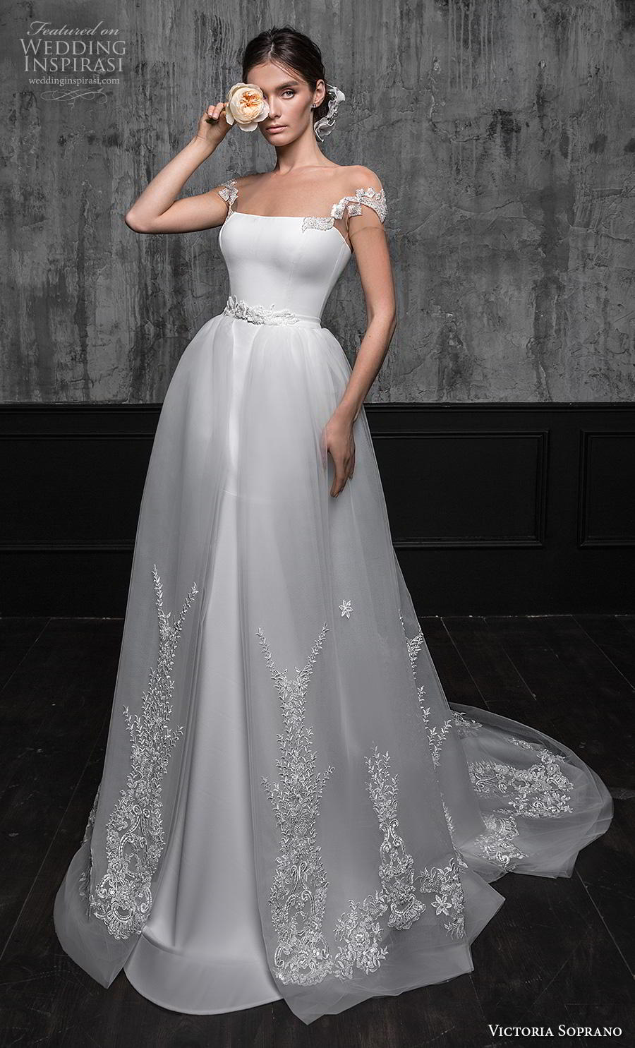 victoria soprano 2020 bridal cap sleeves illusion bateau straight across neckline simple clean fit and flare wedding dress a line overskirt corset back short train (13) mv victoria soprano 2020 bridal cap sleeves illusion bateau straight across neckline simple clean fit and flare wedding dress a line overskirt corset back short train (13) mv