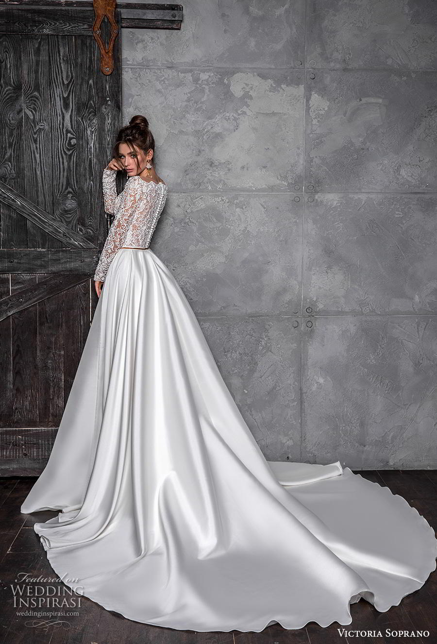 victoria soprano 2020 bridal long sleeves bateau neckline heavily embellished bodice satin skirt glamorous a  line wedding dress covered lace back chapel train (7) bv