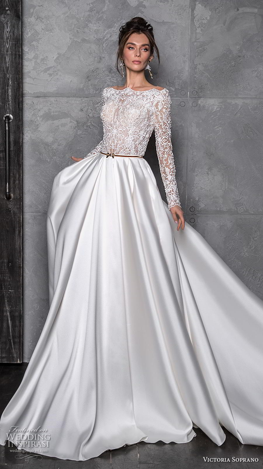 victoria soprano 2020 bridal long sleeves bateau neckline heavily embellished bodice satin skirt glamorous a  line wedding dress covered lace back chapel train (7) mv