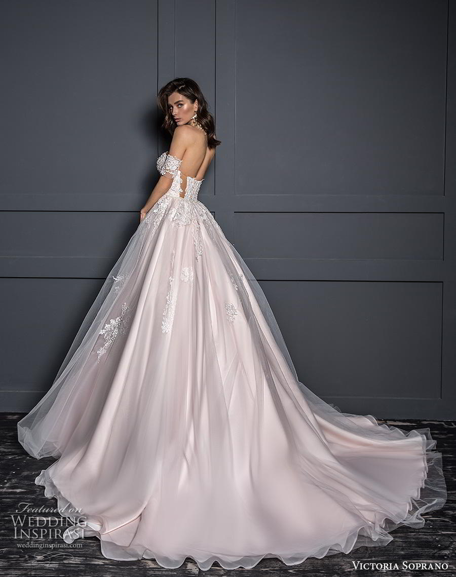 victoria soprano 2020 bridal off the shoulder sweetheart neckline heavily embellished bodice blush ball gown a  line wedding dress mid back chapel train (9) bv