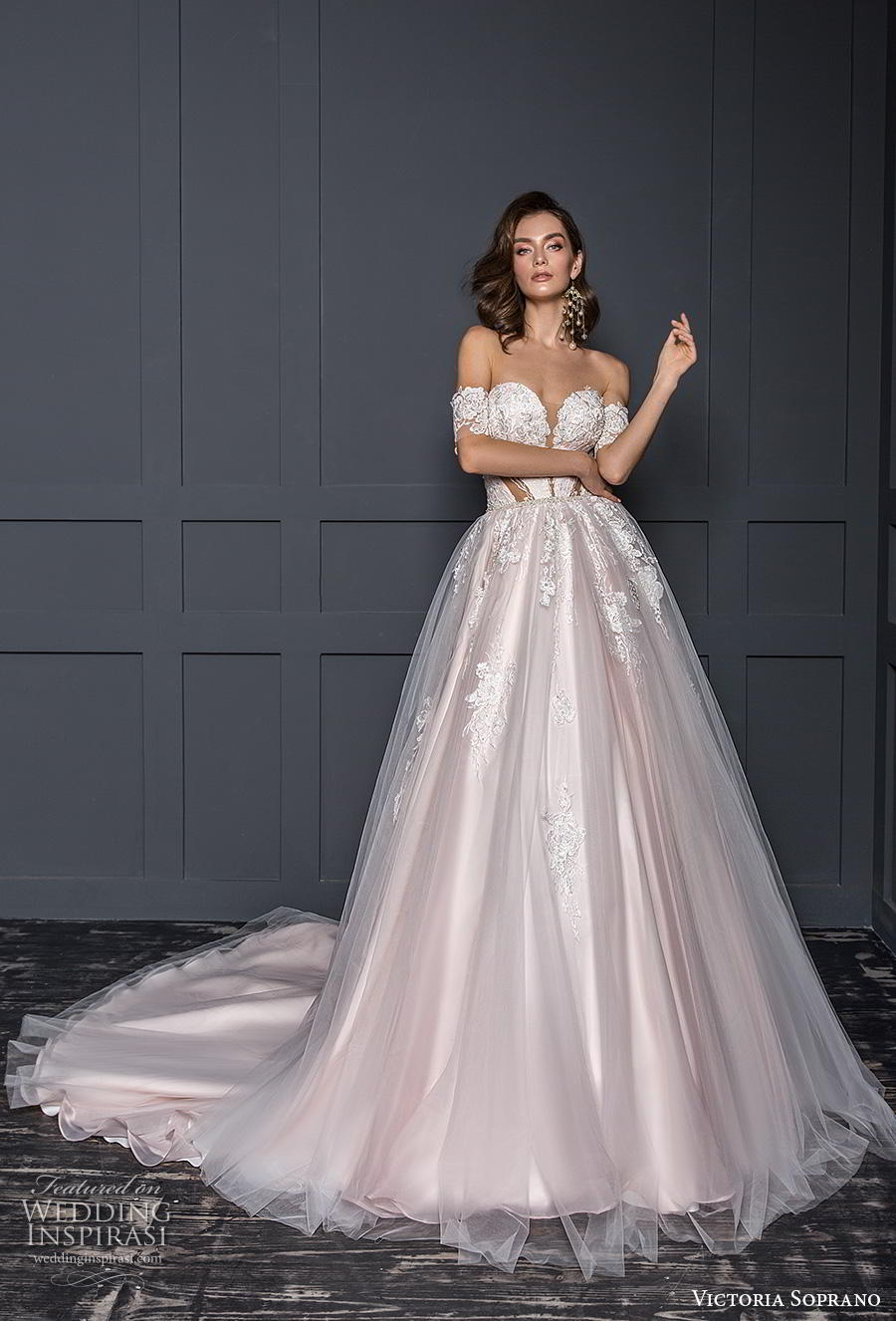 victoria soprano 2020 bridal off the shoulder sweetheart neckline heavily embellished bodice blush ball gown a  line wedding dress mid back chapel train (9) mv