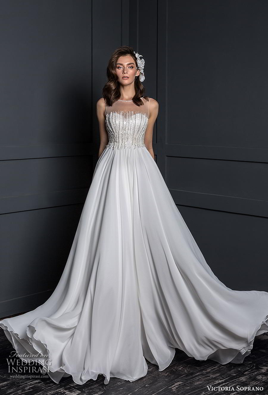 victoria soprano 2020 bridal sleeveless illusion bateau sweetheart neckline heavily embellished bodice glamorous elegant a  line wedding dress sheer button back chapel train (10) mv