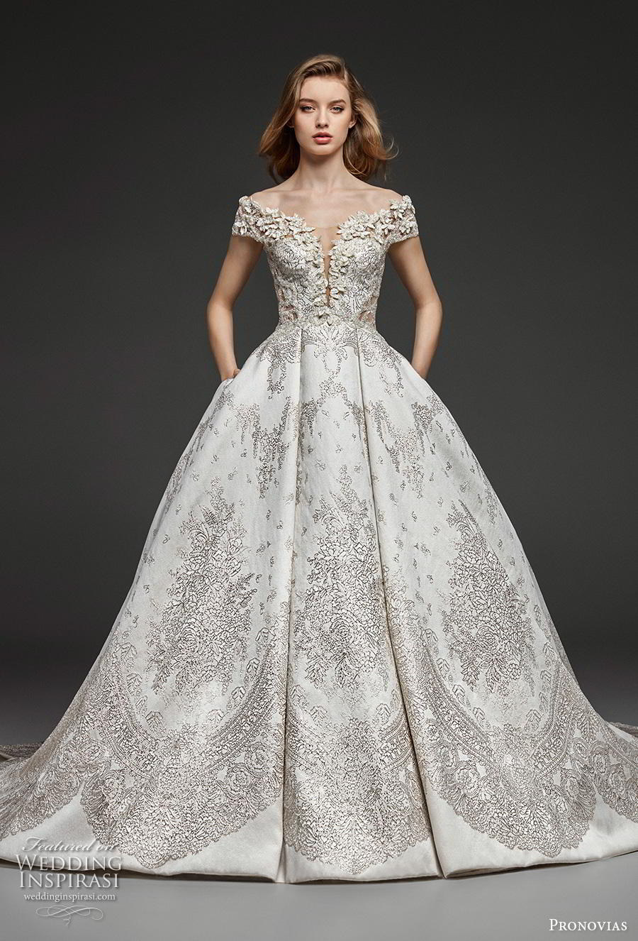 atelier pronovias 2019 bridal cap sleeves off the shoulder full embellishment princess ball gown a  line wedding dress pockets v back royal train (1) mv