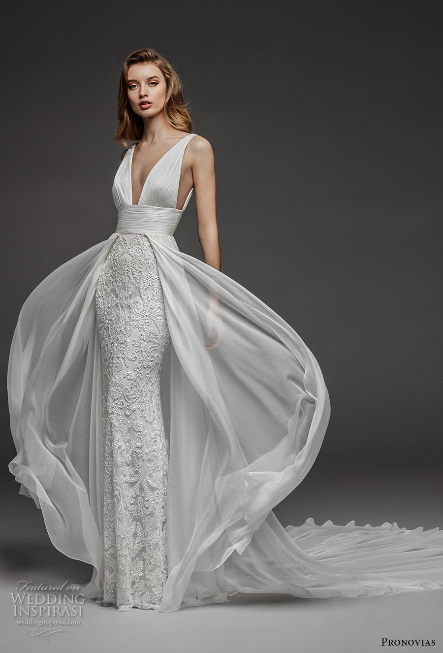 atelier pronovias 2019 bridal sleeveless deep v neck ruched bodice embellished skirt romantic sexy sheath wedding dress a  line overskirt backless chapel train (11) mv