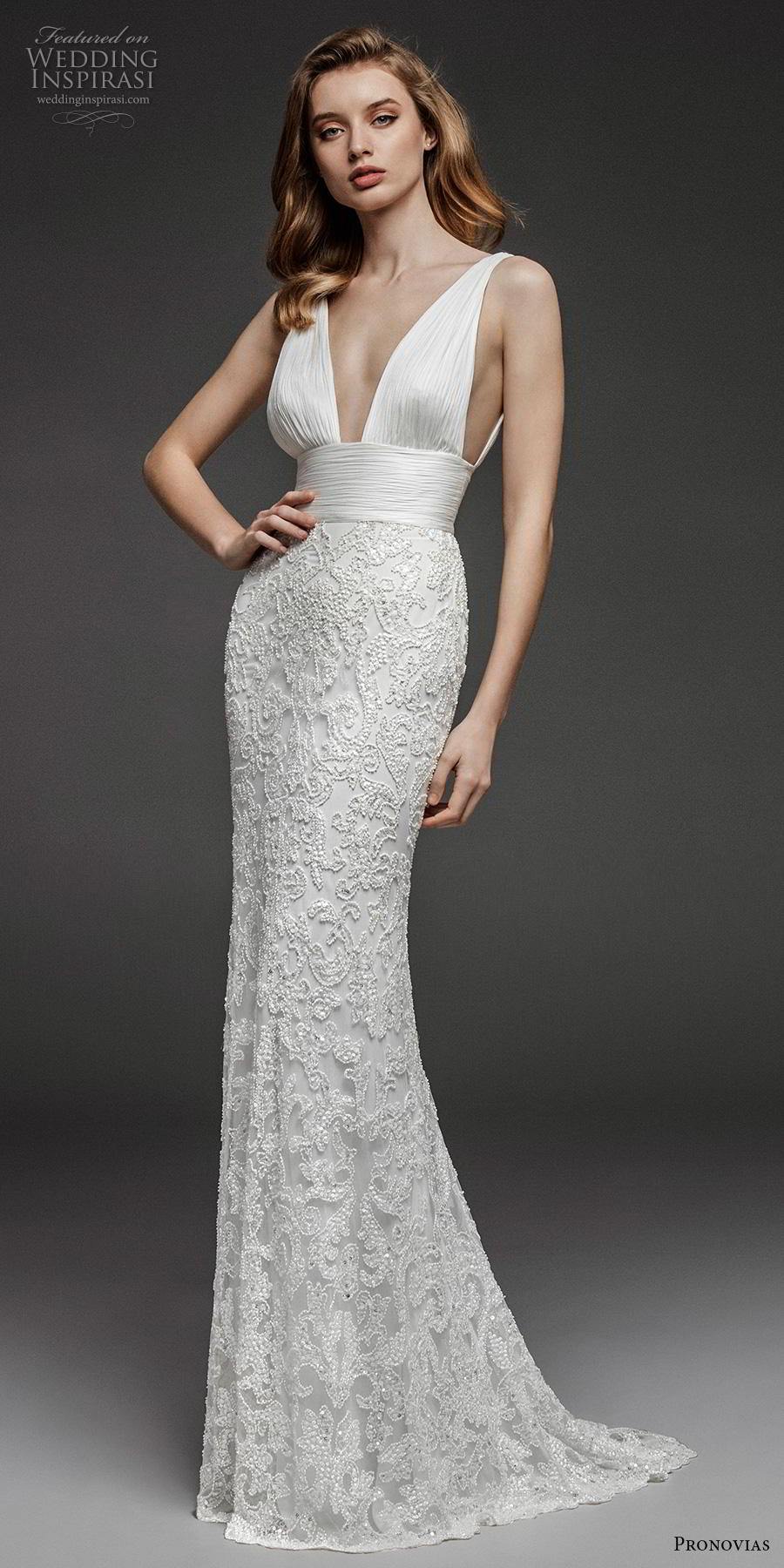 atelier pronovias 2019 bridal sleeveless deep v neck ruched bodice embellished skirt romantic sexy sheath wedding dress backless sweep train (11) mv