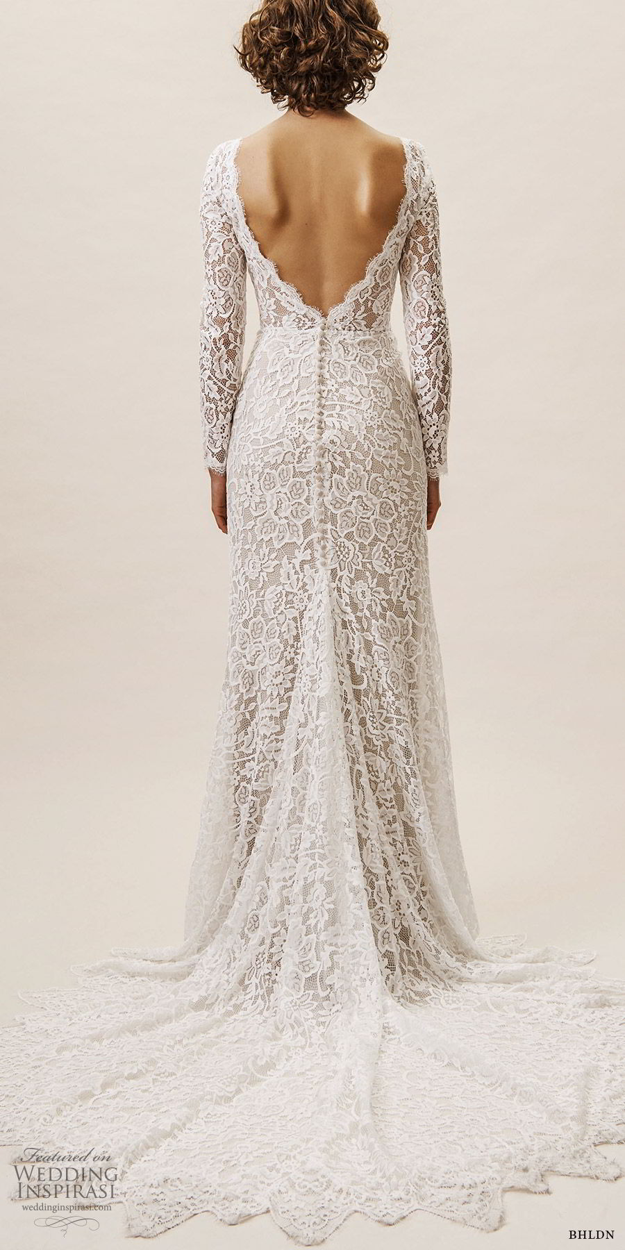 bhldn spring 2019 bridal illusion long sleeves v neckline sheath lace wedding dress low back chapel train (14) bv