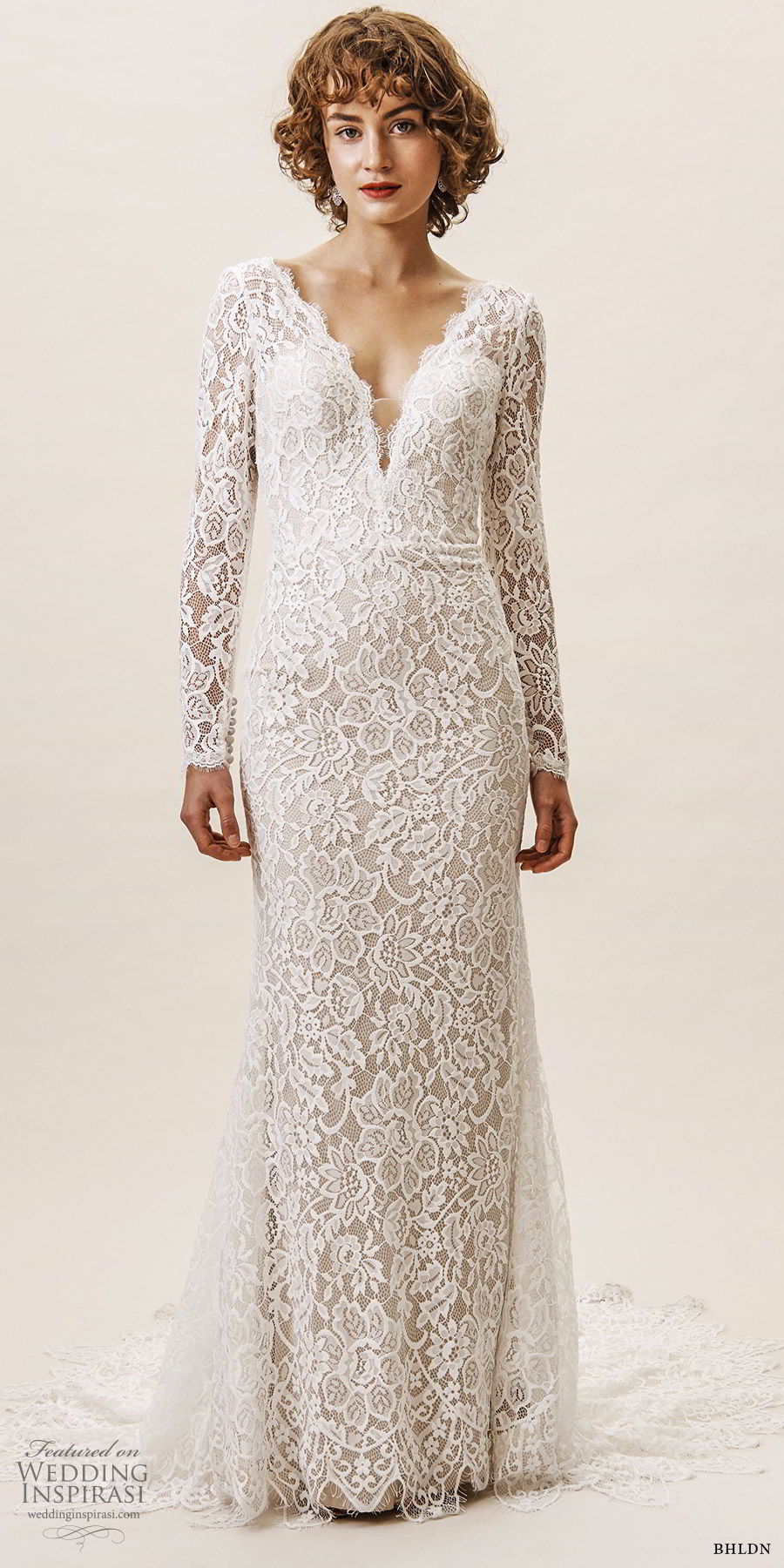 bhldn spring 2019 bridal illusion long sleeves v neckline sheath lace wedding dress low back chapel train (14) mv