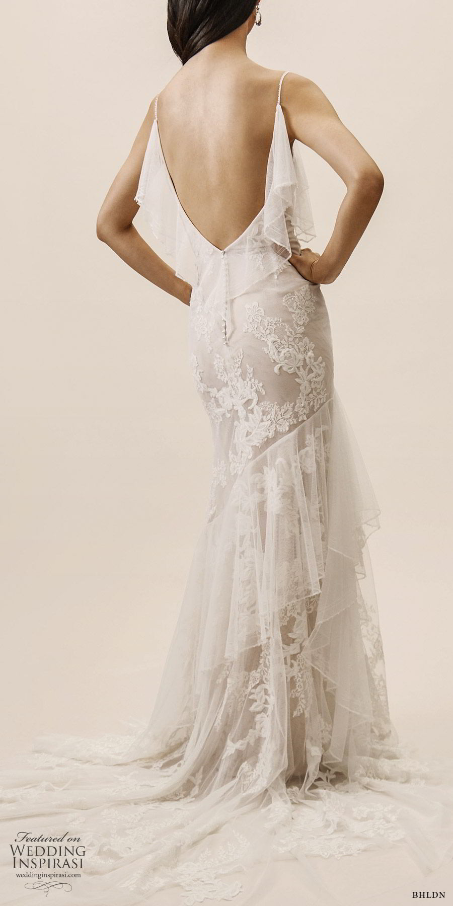 bhldn spring 2019 bridal sleeveless thin straps v neckline sheath lace wedding dress ruffle skirt low back chapel train romantic (11) bv